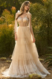 Champagne A Line Beaded Corset Long Prom Dress with Ruffles