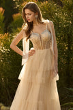Champagne A Line Beaded Corset Long Prom Dress with Ruffles