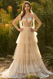 Champagne A Line Beaded Corset Long Prom Dress with Ruffles