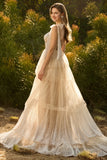 Champagne A Line Beaded Corset Long Prom Dress with Ruffles