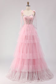Pink A Line Beaded Corset Tiered Ruffle Long Prom Dress with Bow