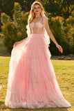 Champagne A Line Beaded Corset Long Prom Dress with Ruffles