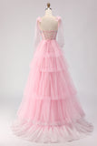Pink A Line Beaded Corset Tiered Ruffle Long Prom Dress with Bow