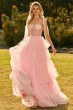 Champagne A Line Beaded Corset Long Prom Dress with Ruffles