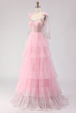 Pink A Line Beaded Corset Tiered Ruffle Long Prom Dress with Bow