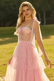 Champagne A Line Beaded Corset Long Prom Dress with Ruffles