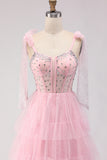 Pink A Line Beaded Corset Tiered Ruffle Long Prom Dress with Bow