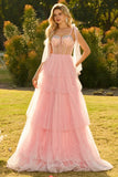 Champagne A Line Beaded Corset Long Prom Dress with Ruffles