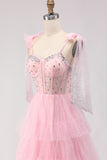 Pink A Line Beaded Corset Tiered Ruffle Long Prom Dress with Bow