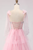 Pink A Line Beaded Corset Tiered Ruffle Long Prom Dress with Bow