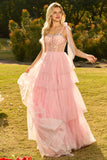 Champagne A Line Beaded Corset Long Prom Dress with Ruffles