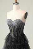 Black White Dots A Line Sweetheart Corset Tiered Beaded Long Prom Dress with Slit