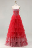Red A Line Sweetheart Tiered Corset Beaded Polka Dots Long Prom Dress with Slit