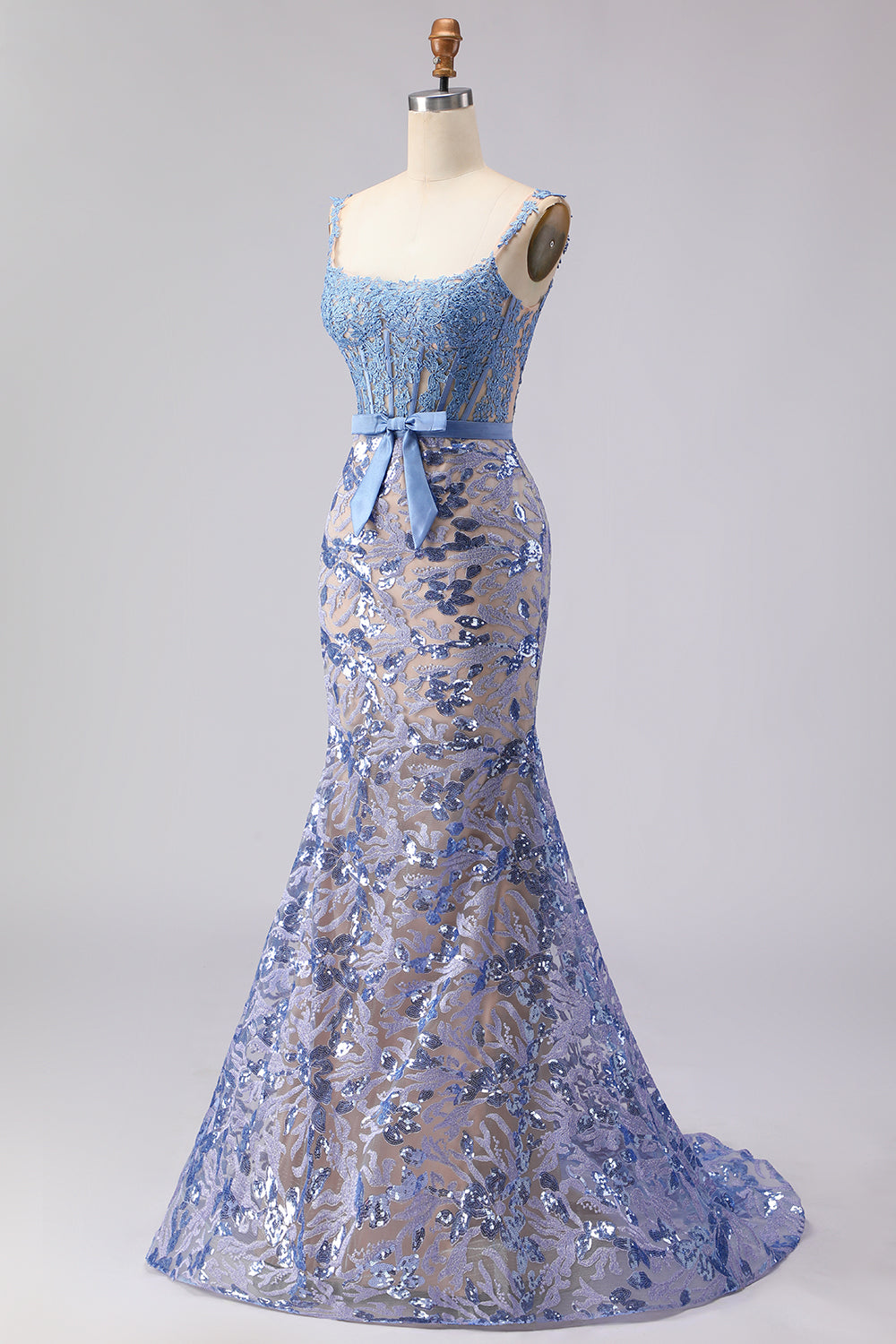 WEDTREND Women Grey Blue Sequin Long Prom Dress with Bow Mermaid Corset Applique Spaghetti Straps Party Dress WEDTREND Women Grey Blue Sequin Long Prom Dress with Bow Mermaid Corset Applique Spaghetti Straps Party Dress