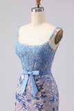 Grey Blue Mermaid Sequin Applique Corset Long Prom Dress with Bow