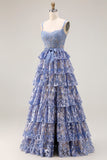Grey Blue A Line Corset Beaded Sequin Tiered Ruffle Prom Dress with Slit