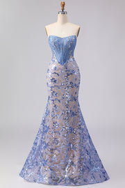 Mermaid Grey Blue Strapless Sequin Corset Long Prom Dress