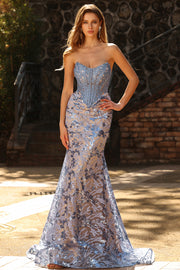 Grey Blue Mermaid Strapless Sequin Corset Long Prom Dress