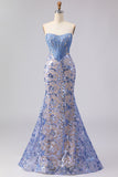 Grey Blue Mermaid Strapless Sequin Corset Long Prom Dress