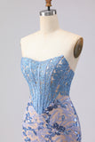 Mermaid Grey Blue Strapless Sequin Corset Long Prom Dress