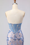 Mermaid Grey Blue Strapless Sequin Corset Long Prom Dress
