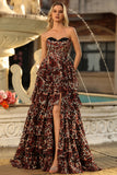 Brown Leopard Sweetheart A-Line Tiered Ruffle Corset Long Prom Dress with Slit