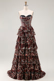 Brown Leopard Sweetheart A-Line Tiered Ruffle Corset Long Prom Dress with Slit
