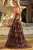 Brown Leopard Sweetheart A-Line Tiered Ruffle Corset Long Prom Dress with Slit
