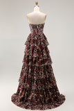 Brown Leopard Sweetheart A-Line Tiered Ruffle Corset Long Prom Dress with Slit