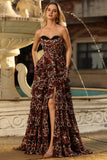 Brown Leopard Sweetheart A-Line Tiered Ruffle Corset Long Prom Dress with Slit