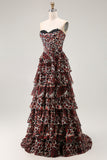 Brown Leopard A-Line Sweetheart Corset Tiered Long Prom Dress with Ruffles