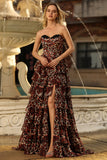 Brown Leopard Sweetheart A-Line Tiered Ruffle Corset Long Prom Dress with Slit