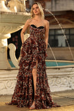 Brown Leopard Sweetheart A-Line Tiered Ruffle Corset Long Prom Dress with Slit