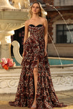 Brown Leopard Sweetheart A-Line Tiered Ruffle Corset Long Prom Dress with Slit
