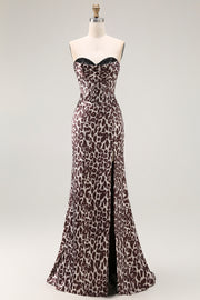 Sweetheart Mermaid Coffee Leopard Corset Long Prom Dress with Slit