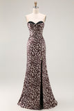 Mermaid Coffee Leopard Sweetheart Corset Long Prom Dress with Slit