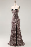 Sweetheart Mermaid Coffee Leopard Corset Long Prom Dress with Slit