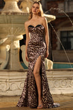 Mermaid Coffee Leopard Sweetheart Corset Long Prom Dress with Slit