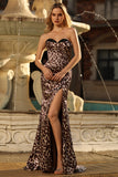 Mermaid Coffee Leopard Sweetheart Corset Long Prom Dress with Slit