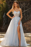 Strapless Champagne A Line Corset Appliqued Sequin Long Prom Dress with Slit