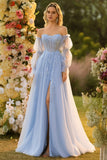 Blue A-Line Corset Removable Sleeves Appliqued Sequins Floral Long Prom Dress with Slit