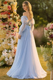 Blue A-Line Corset Removable Sleeves Appliqued Sequins Floral Long Prom Dress with Slit