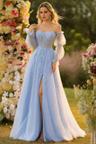 Blue A-Line Corset Removable Sleeves Appliqued Sequins Floral Long Prom Dress with Slit