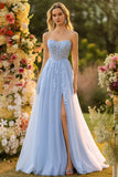 Blue A-Line Corset Removable Sleeves Appliqued Sequins Floral Long Prom Dress with Slit