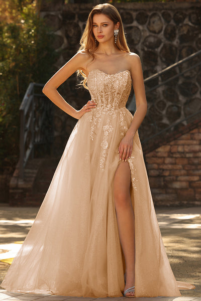 Strapless Champagne A Line Corset Appliqued Sequin Long Prom Dress with Slit