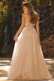 Strapless Champagne A Line Corset Appliqued Sequin Long Prom Dress with Slit