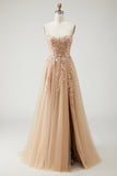 Champagne Strapless A-Line Convertible Appliqued Sequins Long Prom Dress with Slit