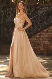 Strapless Champagne A Line Corset Appliqued Sequin Long Prom Dress with Slit