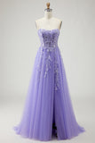 Purple Strapless A-Line Appliqued Sequins Convertible Long Prom Dress with Slit