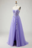 Purple Strapless A-Line Appliqued Sequins Convertible Long Prom Dress with Slit